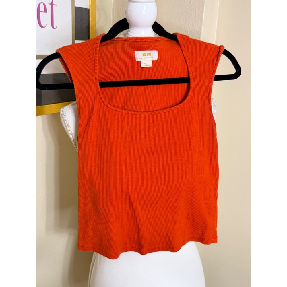 Maeve Anthropologie Orange Ribbed Square Neck Tank Top Small Sleeveless Crop